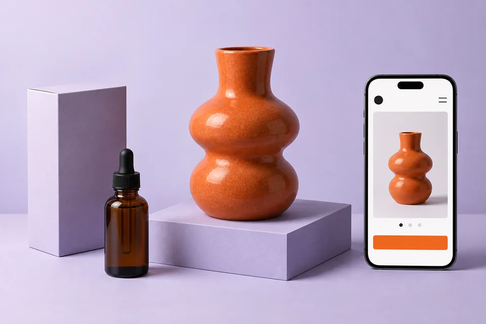 Concepto de tienda online de cerámica con ficha de producto en móvil
